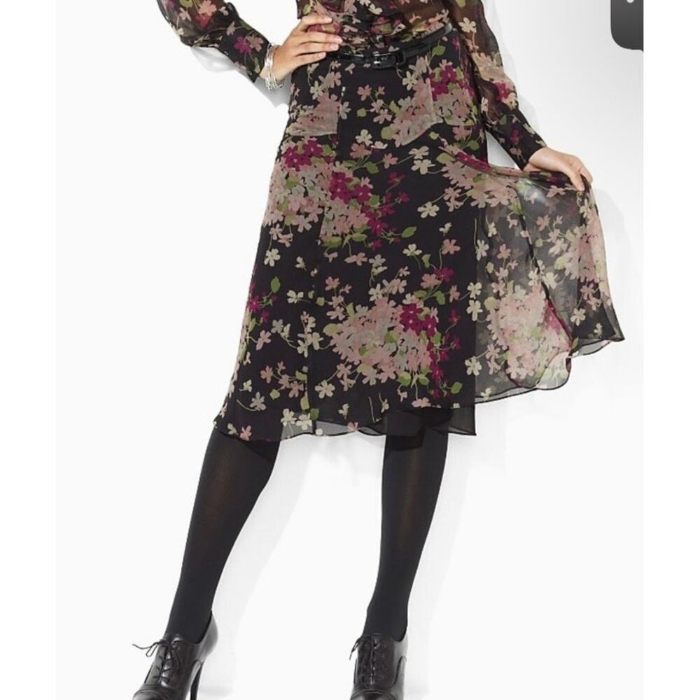 Lauren Ralph Lauren Silk Black Purple Floral Midi Skirt Y2K Romantic Size 10